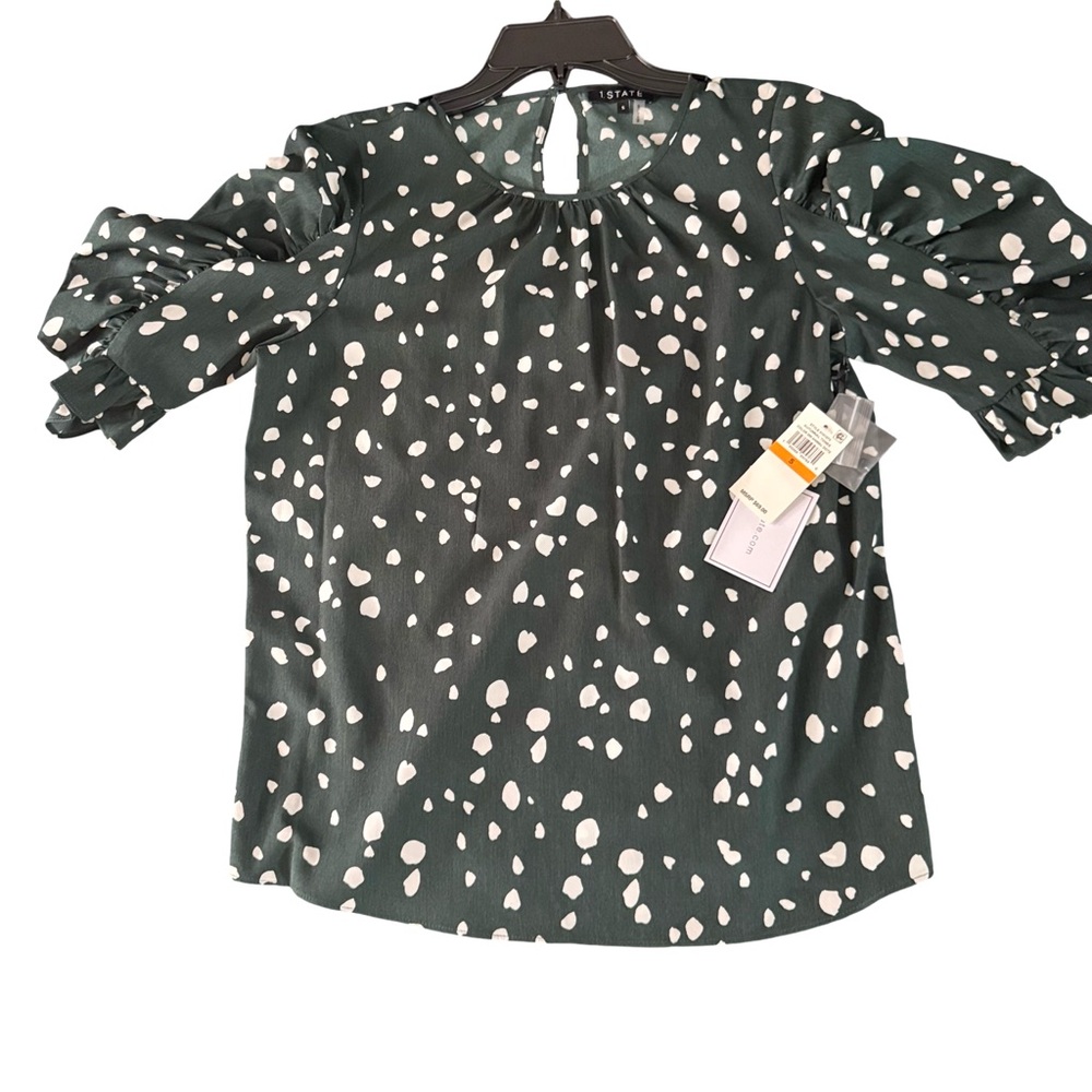 1.STATE Polka Dot Animal Print Top Blouse Green White Small $69 Puff Shoulder